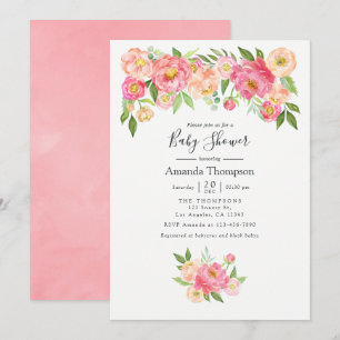 Invitación Ducha de Bebé con Peonías Acuarela Rosa Pastel
