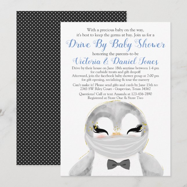 Invitación Ducha de Bebé con Pingüino Niño con Máscara (Anverso / Reverso)