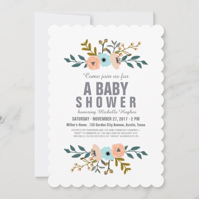 Invitación Ducha de bebé con ramo floral (Anverso)