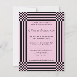 Invitación Ducha de Bebé con Rayas y Cuadros Negros y Rosados