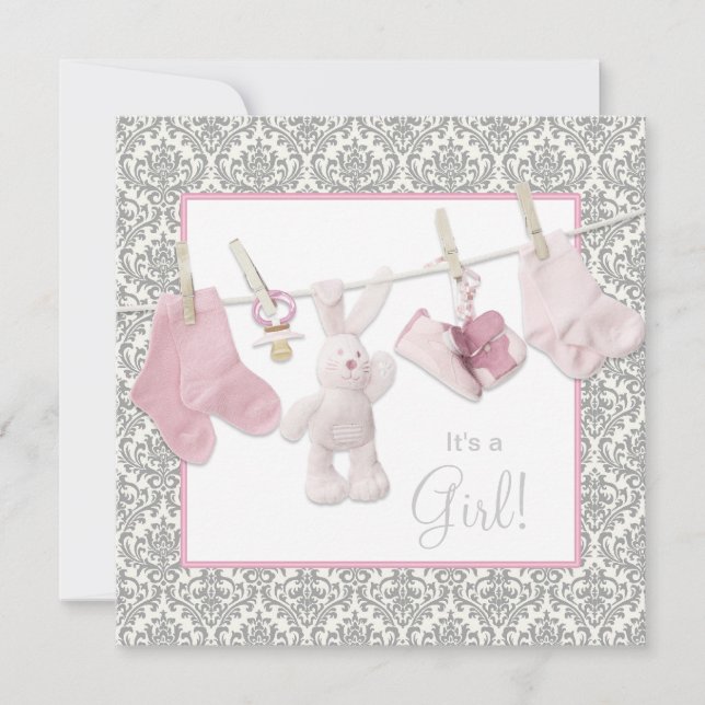 Invitación Ducha de bebé con ropa rosa (Anverso)