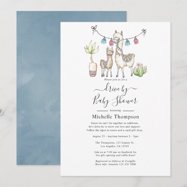 Invitación Ducha de bebé con tema de Llama en acuarela (Anverso / Reverso)