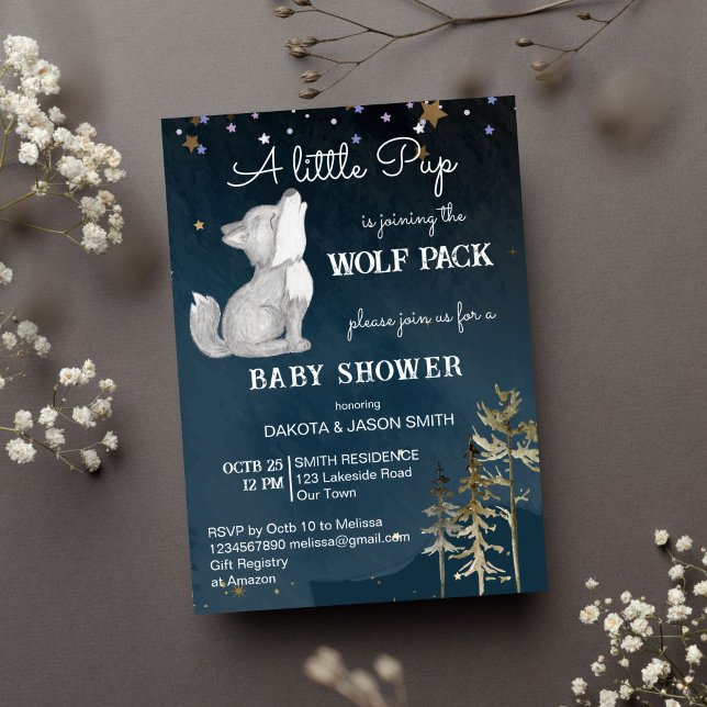 Invitación Ducha de bebé con tema de lobito (Little wolf cute wold pup baby shower template invitation instant download dark starry night woodlan)