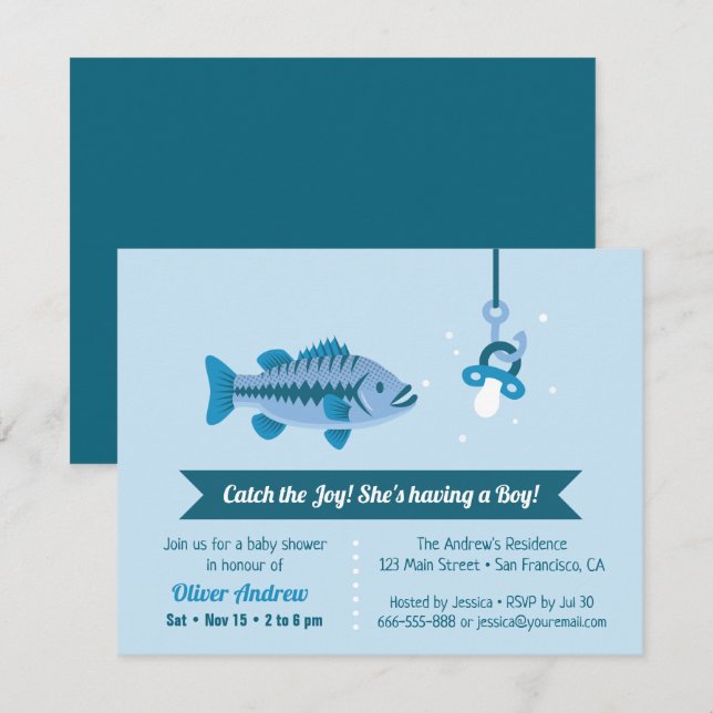 Invitación Ducha de bebé con tema de pesca de lubina 'Catch t (Anverso / Reverso)
