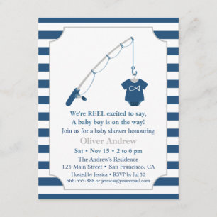Invitación Ducha de bebé con tema de pesca en azul marino y g