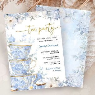Invitación Ducha de Bebé con Tema de Té Party Niño Azul Polvo