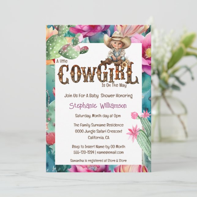 Invitación Ducha de bebé con tema de vaquera niña cactus (Anverso de pie)