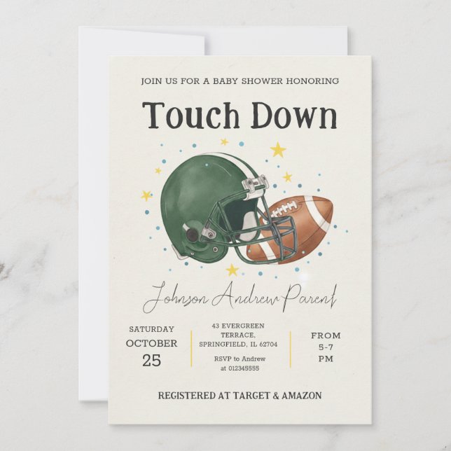 Invitación Ducha de bebé con temática de fútbol americano en  (Anverso)