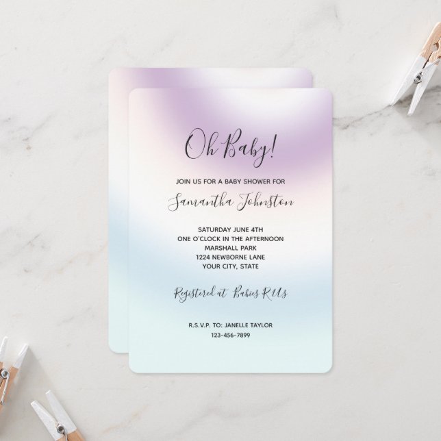 Invitación Ducha de bebé con tinte morado blanco azul (Anverso/Reverso In Situ)