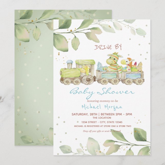 Invitación Ducha de bebé con tren de juguete pasando (Anverso / Reverso)