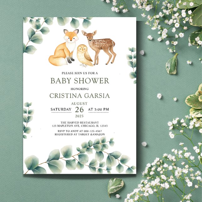 Invitación Ducha de bebé con vegetación animal de Woodland (Subido por el creador)