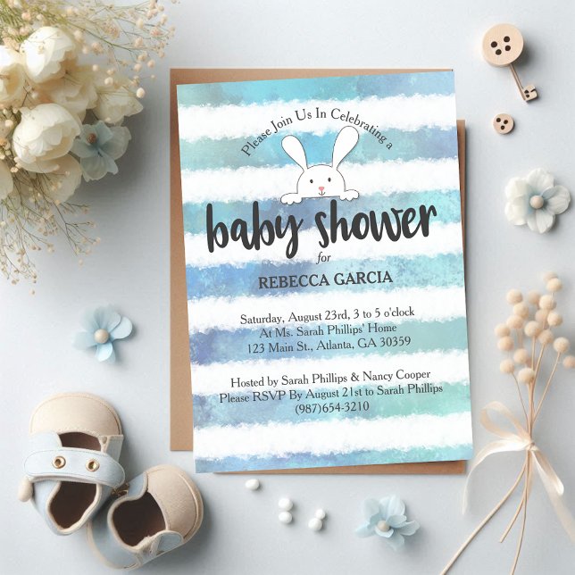 Invitación Ducha de Bebé Conejo Blanco Raya Azul y Blanco (Subido por el creador)