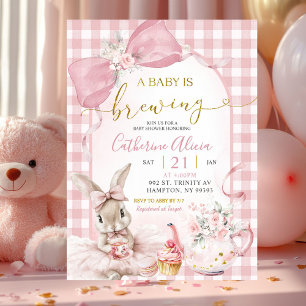 Invitación Ducha de Bebé Conejo Floral Rosa Gingham Coquette