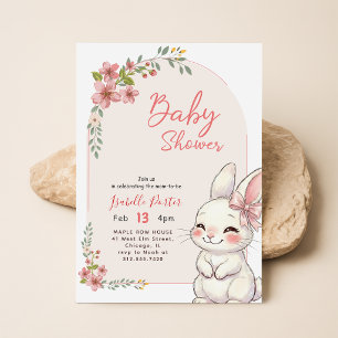 Invitación Ducha de Bebé Conejo Niña con Lazo Rosa de Flor Si