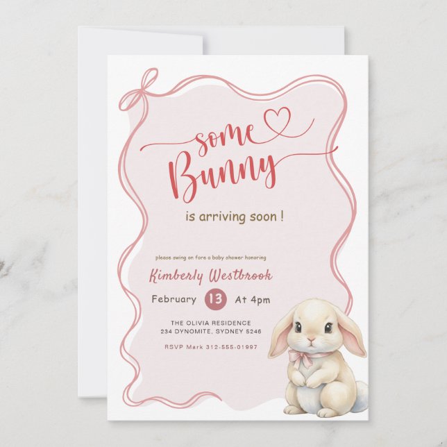 Invitación Ducha de Bebé Conejo Rosa con Lazo (Anverso)