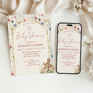 Invitación Ducha de Bebé Conejos Silvestres Beige Caprichosos