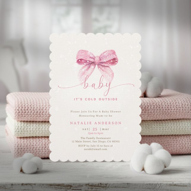 Invitación Ducha de Bebé Copete Rosa Nevado Está Frío Afuera (Snowy Pink Coquette It's Cold Outside Baby Shower Invitation)