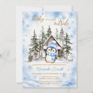 Invitación Ducha de Bebé Copo de Nieve Azul Invierno Pingüino