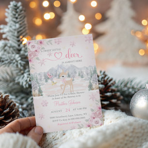 Invitación Ducha de Bebé Copo de Nieve Ciervo Invernal Rosa