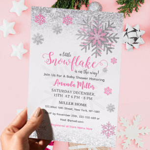 Invitación Ducha de Bebé Copo de Nieve Rosa Plata Brillante