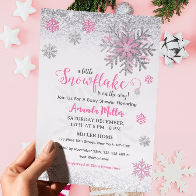 Invitación Ducha de Bebé Copo de Nieve Rosa Plata Brillante (Subido por el creador)