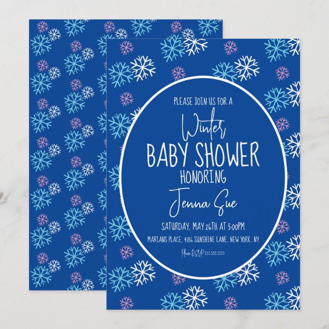 Invitación Ducha de Bebé Copos de Nieve Rosados Azules de Inv (Anverso / Reverso)