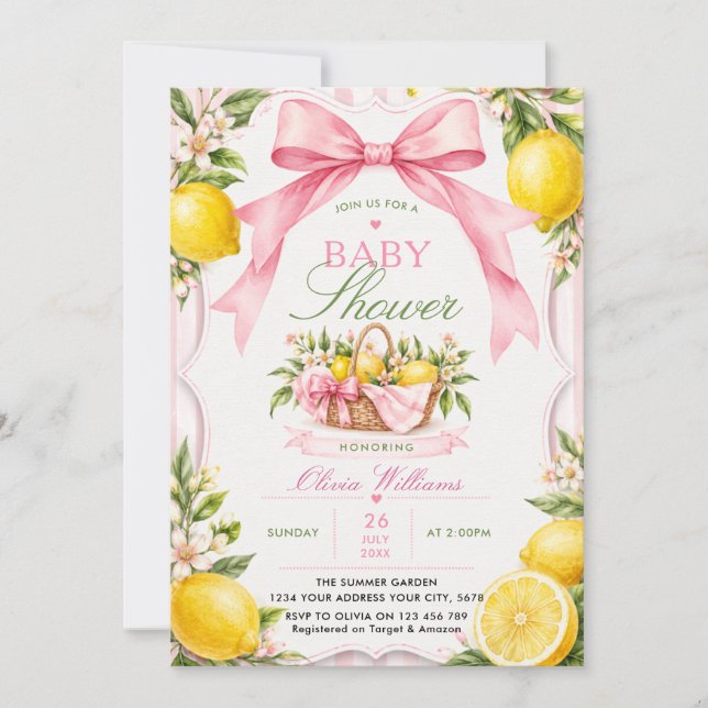 Invitación Ducha de Bebé Coquette Rosada Limones (Anverso)