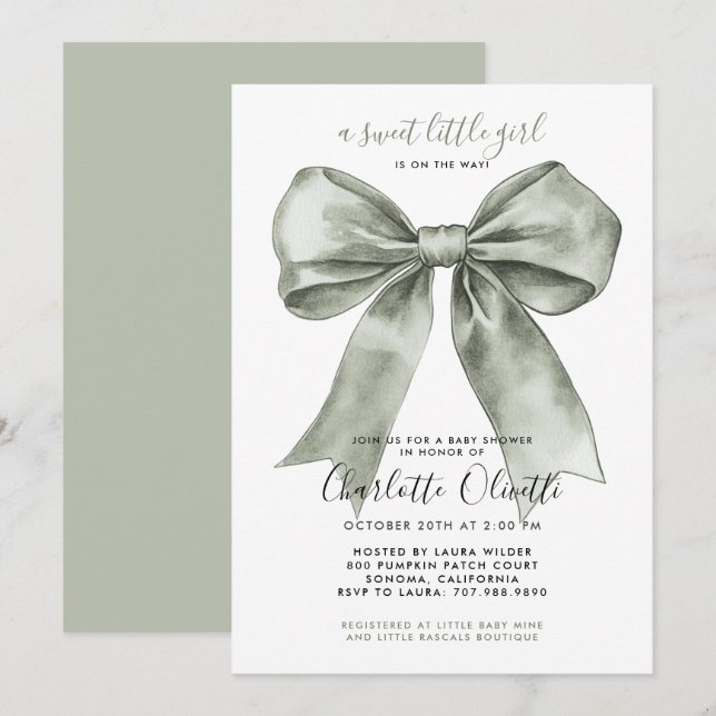 Invitación Ducha de Bebé Coquette Sage Bow  (Anverso / Reverso)