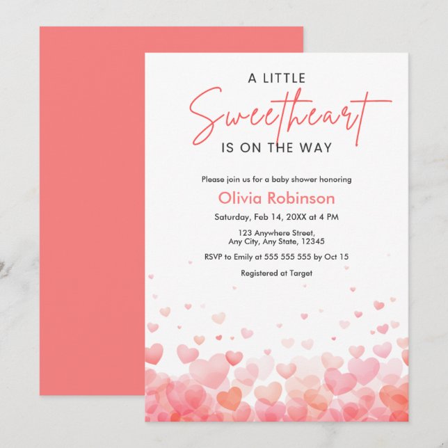 Invitación Ducha de Bebé Corazón Dulce Rosa y Rojo (Anverso / Reverso)