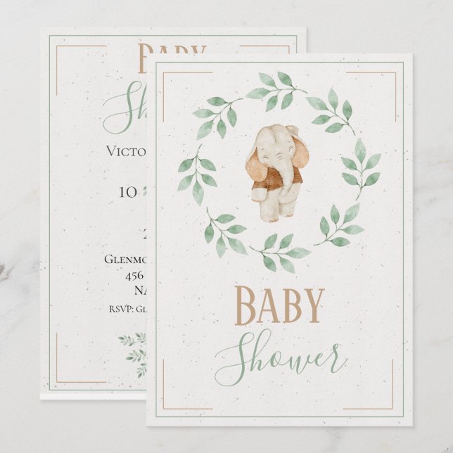Invitación Ducha de bebé corona acuarela de elefante (Anverso / Reverso)