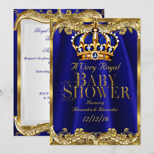 Invitación Ducha de Bebé Corona Azul Real Dorado