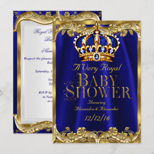 Invitación Ducha de Bebé Corona Azul Real Dorado