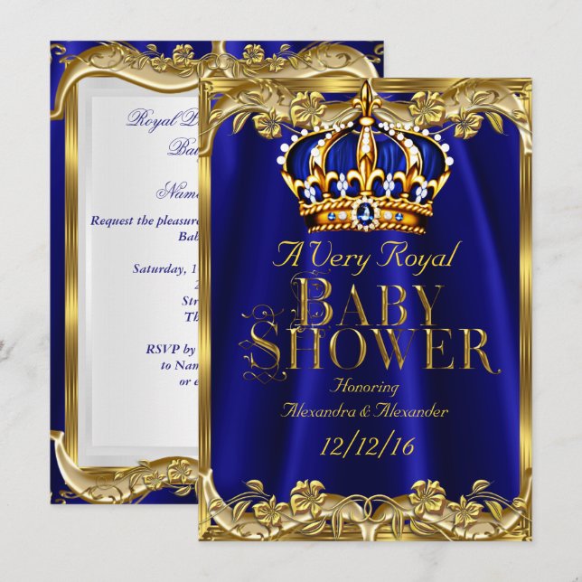 Invitación Ducha de Bebé Corona Azul Real Dorado (Anverso / Reverso)