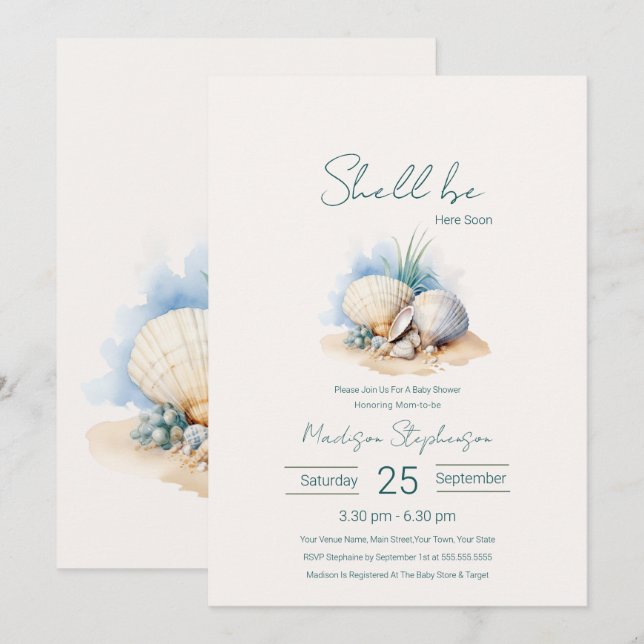 Invitación Ducha de Bebé Costera Shell Be Here Soon (Anverso / Reverso)