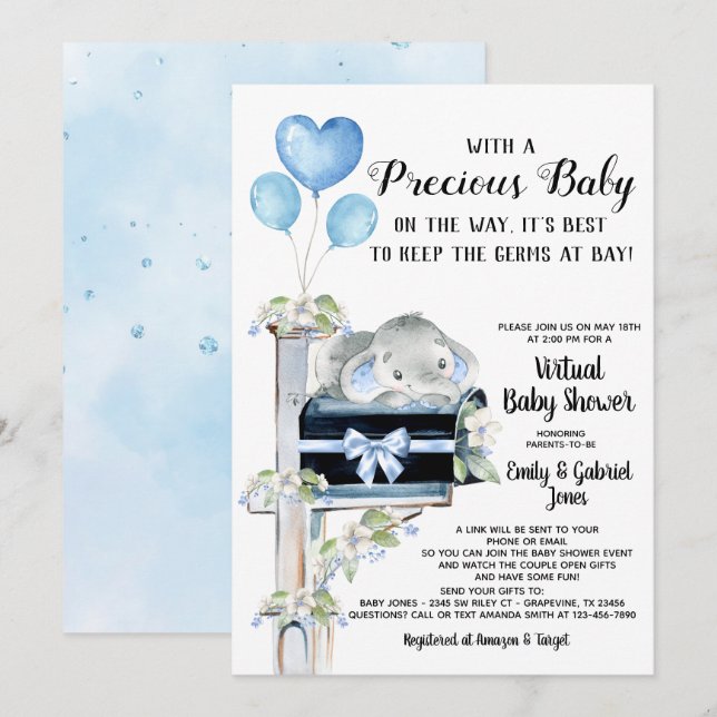 Invitación Ducha de bebé Covid Niño Elefante (Anverso / Reverso)