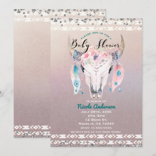 Invitación Ducha de Bebé Cráneo de Vaca Floral Boho Glam Rúst