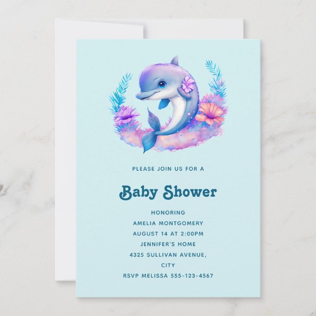 Invitación Ducha de Bebé Criatura Marina Delfín Adorable (Anverso)