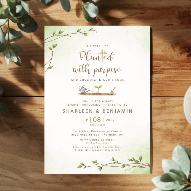 Invitación Ducha de Bebé Cristiana Plantada con Propósito (Planted With Purpose Christian Baby Shower Invitation)