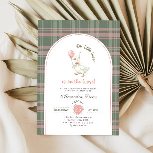 Invitación Ducha de Bebé Cuadro Pequeño Ganso Rosa Lazo