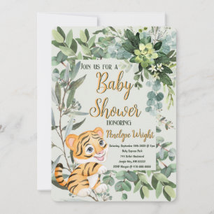 Invitación Ducha de Bebé Cubo de Tigre Acuarela Verde Claro