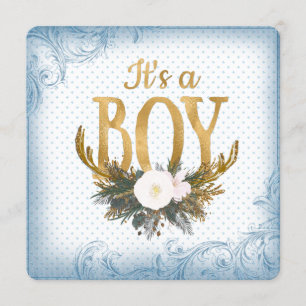Invitación Ducha de Bebé Cuerno de Niño Azul y Dorado