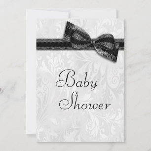 Invitación Ducha de Bebé Damasco Blanco y Lazo Falso Negro