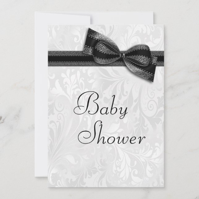 Invitación Ducha de Bebé Damasco Blanco y Lazo Falso Negro (Anverso)