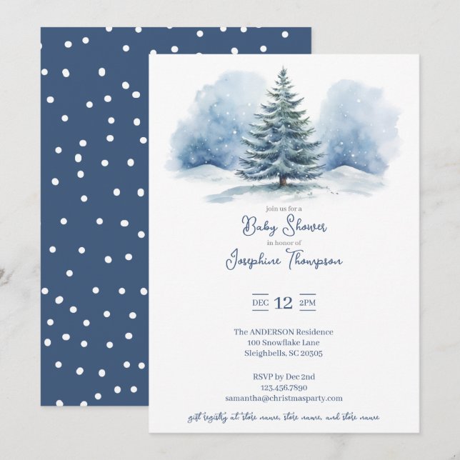 Invitación Ducha de Bebé de Abeto Cubierto de Nieve con Acuar (Anverso / Reverso)