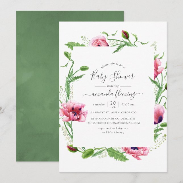 Invitación Ducha de bebé de amapolas rosadas en acuarela (Anverso / Reverso)