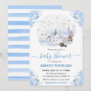 Invitación Ducha de Bebé de Animales Árticos de Acuarela de I