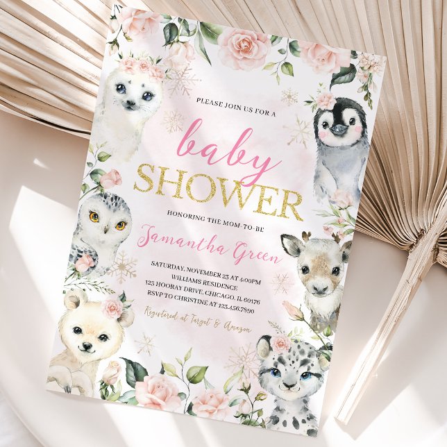 Invitación Ducha de Bebé de Animales Árticos de Invierno Rosa (Subido por el creador)