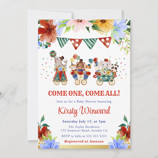 Invitación Ducha de bebé de animales de circo florales en acu (Anverso)