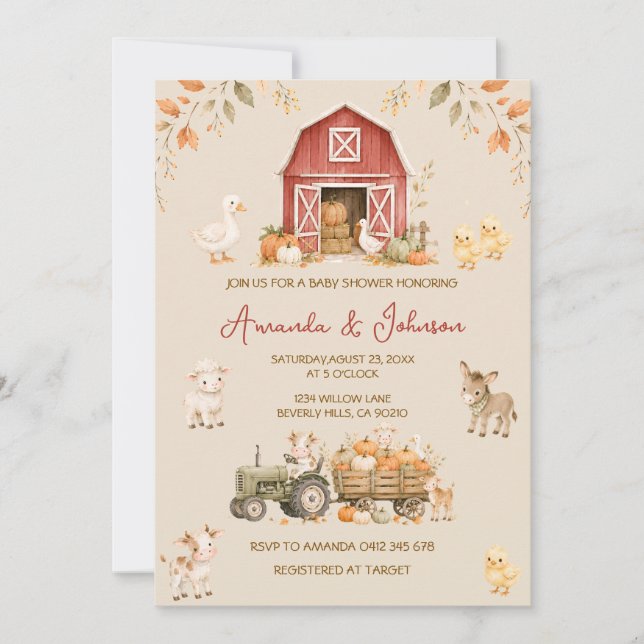 Invitación Ducha de bebé de animales de granja (Anverso)