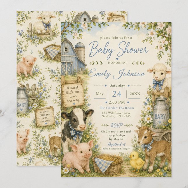 Invitación Ducha de bebé de animales de granja (Anverso / Reverso)